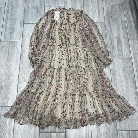 In Loom Women's MD Cream Floral Tiered Chiffon Overlay Babydoll Midi Dress NWT - Picture 8 of 9